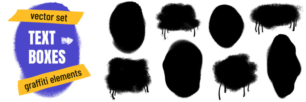 Callout shapes in spray paint with graffiti spot texture for street art. Black ink callout spray patches with rough drip on white. Urban vector text box frames for punk poster and overlay isolated set
