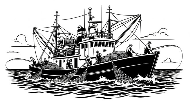Vintage Fishing Boat Sailing on Open Water.