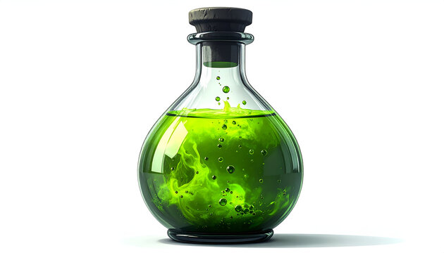 A Vibrant Green Potion Bubbling in a Round Glass Flask.
