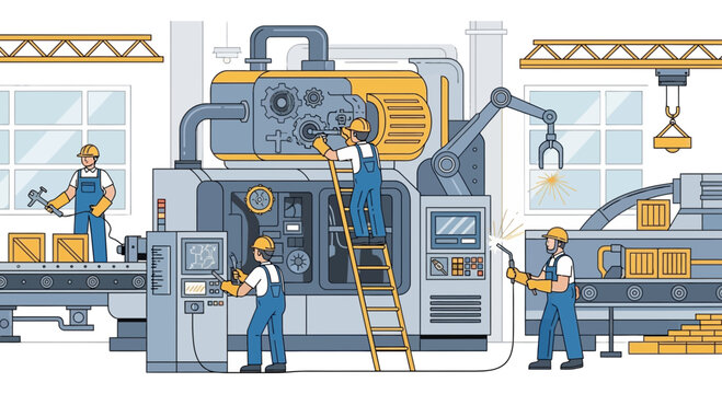 Factory workers assembling complex machinery on automated production line