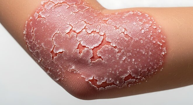 Close up of human elbow showing irritated skin texture and red coloration