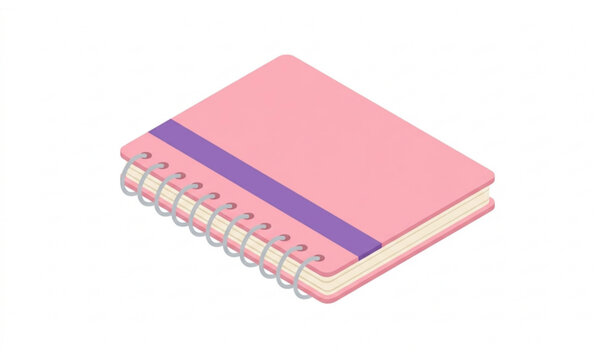 Cute pink notebook doodle isometric vector with purple stripe school diary clipart