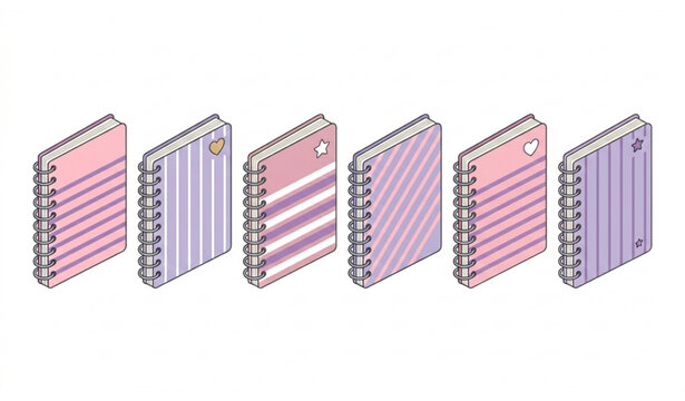 Cute spiral notebook icon set isometric vector with pink school diary collection