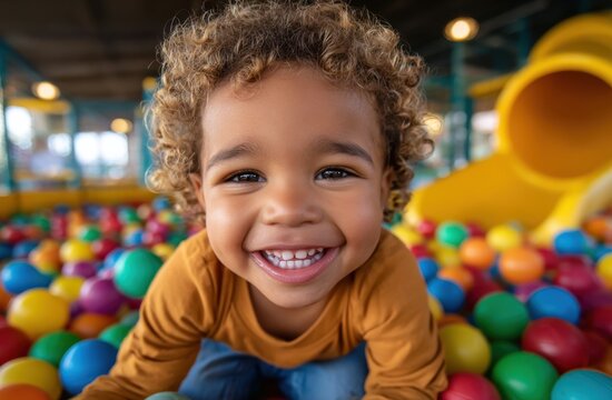 Joyful toddler with curly hair smiling widely in a vibrant ball pit at an indoor playground