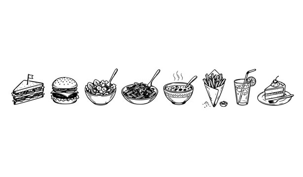 Hand drawn lunch menu food icon set with sketch style sandwich burger and meal items