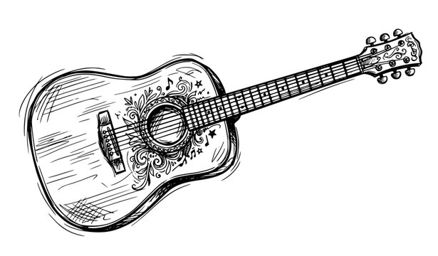 Acoustic guitar hand drawn vector sketch classical instrument doodle isolated on white