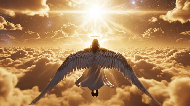 Angel with wings flying in sky emphasizing environmental sustainability and eco-tourism