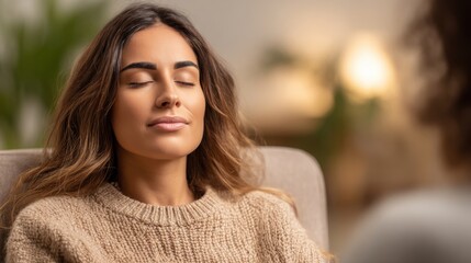 Obraz premium Young woman in cozy sweater meditating peacefully with eyes closed on comfortable armchair, seeking inner calm and relaxation