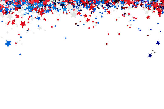 American patriotic star confetti in red, white, blue and silver colors, isolated on white background. Festive design element for Independence Day, Fourth of July, national holiday, election, celebrati