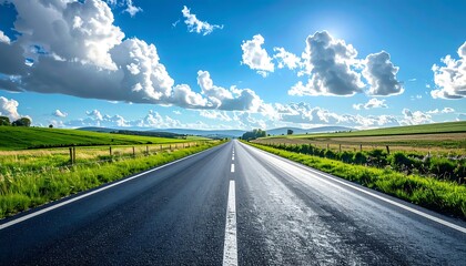 Fototapeta premium asphalt road through green countryside landscape.