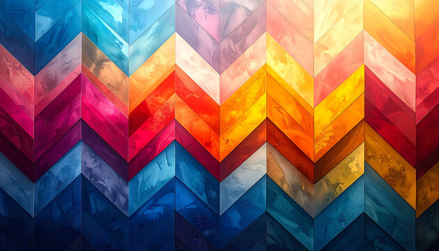 Vibrant abstract chevron pattern with watercolor textures in blues, pinks, oranges, and yellows, seamless geometric design, digital art background