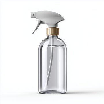 Minimalist cleaning spray bottle mockup transparent design product photography studio environment minimalistic viewpoint