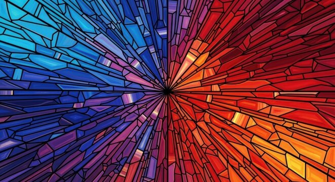 Abstract geometric background with vibrant red and blue stained glass pattern featuring a sharp central perspective point and complex mosaic light shards