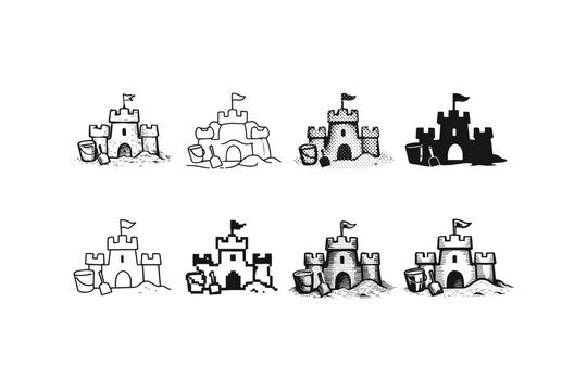 Collection of sandcastle illustrations in various artistic styles and resolutions