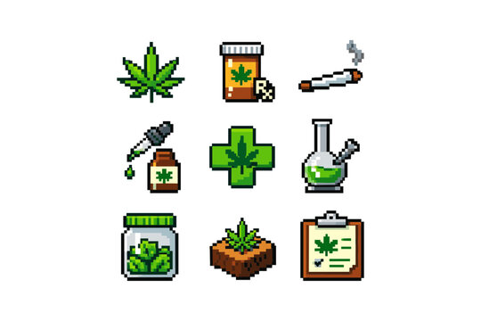 Pixel art icons representing cannabis culture and medical marijuana use