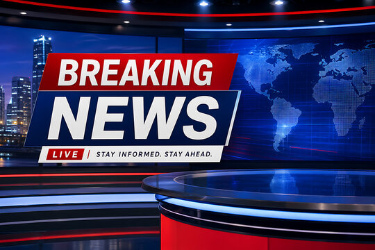 Breaking news studio with globe and cityscape background display live