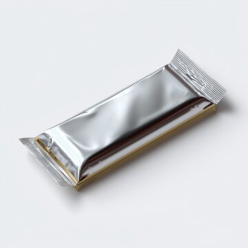 Minimalist chocolate bar wrapper product packaging studio setting metallic foil design top-down view modern aesthetic