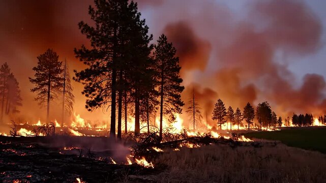 A wildfire rages through a forest, consuming trees and underbrush with intense flames and smoke
