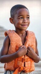 Fototapeta premium Adorable young Black boy wearing an orange life jacket, smiling and looking up with hope and happiness outdoors.