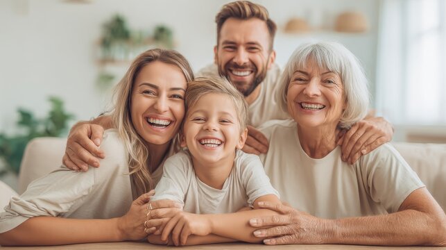 Happy multi generational family smiling together on sofa, capturing joyful moments of love and connection