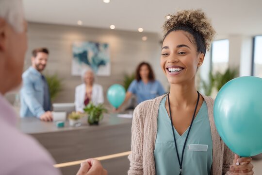 Happy Caregiver Holding Balloon Greets Senior Patient with a Smile in Assisted Living Facility