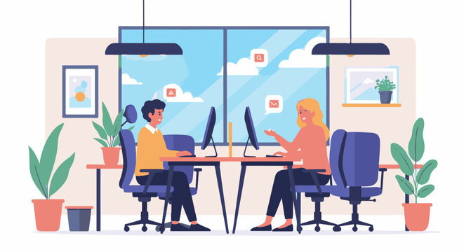 Two people working at computers in a bright, modern office with a large window