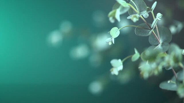 Eucalyptus plant leaves closeup. Fresh Eucalyptus close up, on dark green background, scented, essential oil. Aromatherapy. Slow motion, closeup 