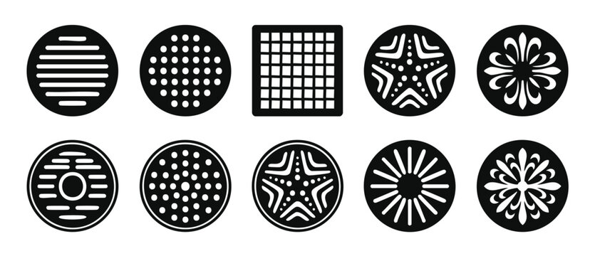 Geometric Pattern Icons Set, Black and White Abstract Shapes for Graphic Design, Minimalist Vector Elements, Symbols Collection with Circular and Square Grid Motifs, Modern Ornament and Decorative Sha