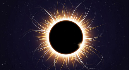Solar Eclipse with Bright Corona and Dark Sky.