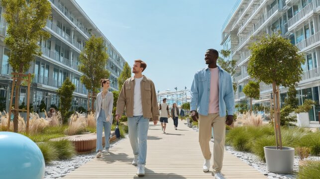Diverse group of colleagues walking and collaborating in a modern, green office park on a sunny day