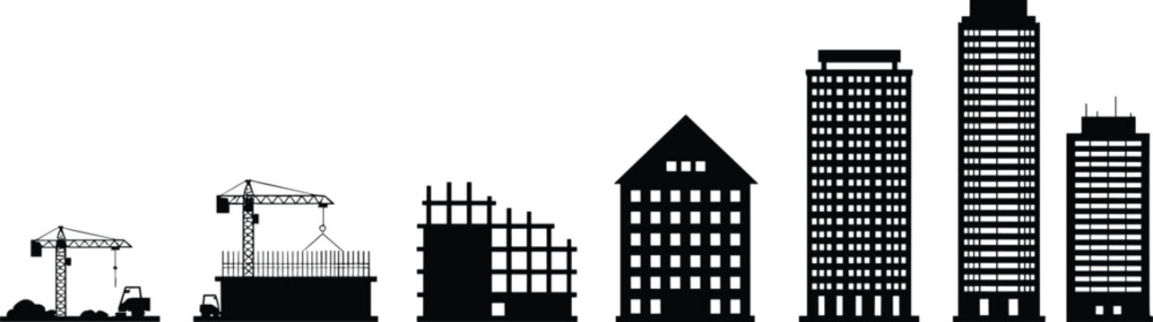 Building construction stages silhouette set, city development process from foundation to skyscraper collection, urban architecture progress vector illustration pack