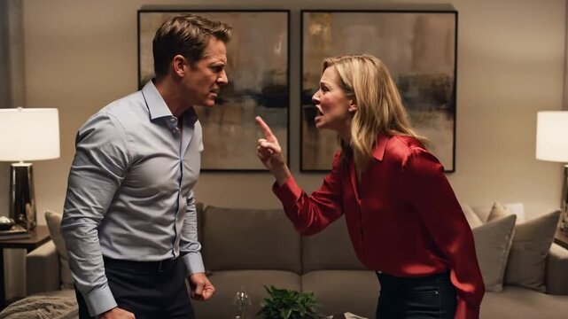 Distressed husband and wife engaged in a heated argument during a family relationship crisis, pointing fingers while accusing and complaining amidst a domestic conflict and marital tension.