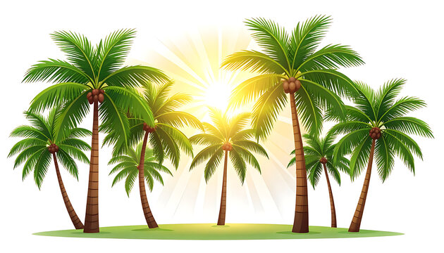 Tropical palm trees with bright sun rays, pixel art illustration, serene beach landscape, vibrant green foliage, warm sunlight, vacation mood