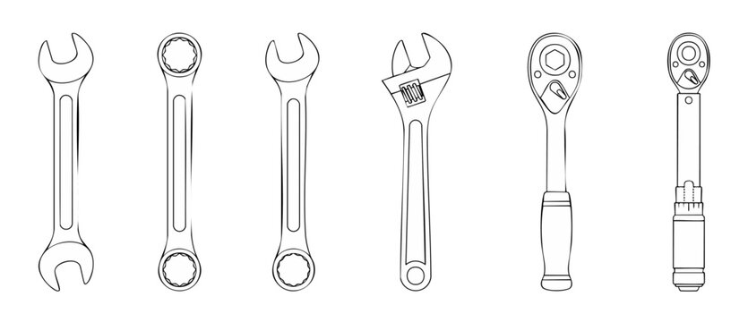 Wrench and Ratchet Tool Set Collection, Outline Icons for Mechanical Repair. Vector illustration of various metal hand tools including adjustable wrench, socket, and combination spanner for garage wor