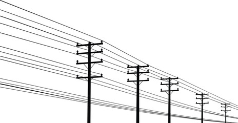 Electric power transmission lines with utility poles silhouette, high voltage cables and energy infrastructure, isolated vector illustration design © VectoBloom