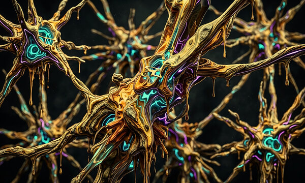 Golden Neural Network 3D Render with Neon Accents, Futuristic Synapse Brain Conceptesain 