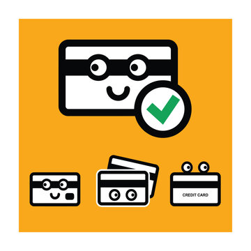 Set of smiling credit card icons with checkmark on orange background
