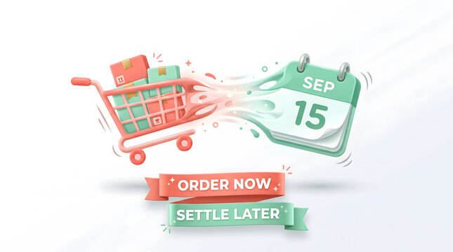 Shopping cart overflowing with purchases dissolving into a calendar date, promoting instant buying and deferred payment options.