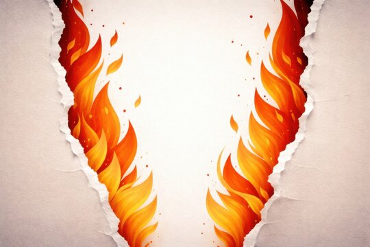 Torn paper revealing bright orange flames burning upwards on a light textured background.