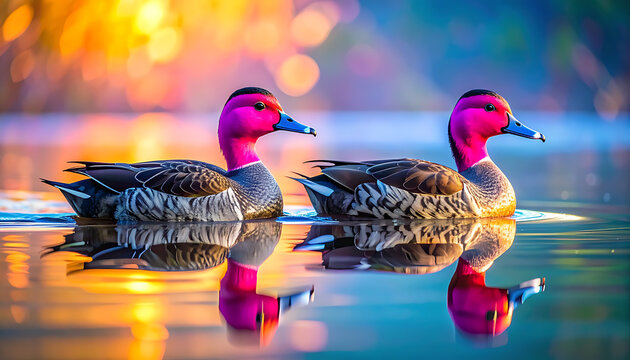 Two colorful ducks with bright pink heads and blue beaks swimming in calm water at sunset, reflections visible, vibrant natural light