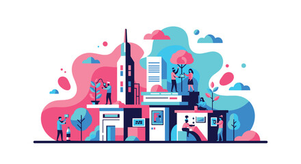 Naklejka premium A group of people works on a miniature, high-tech, sustainable city model with trees and digital screens against a stark, clean, bright white background.
