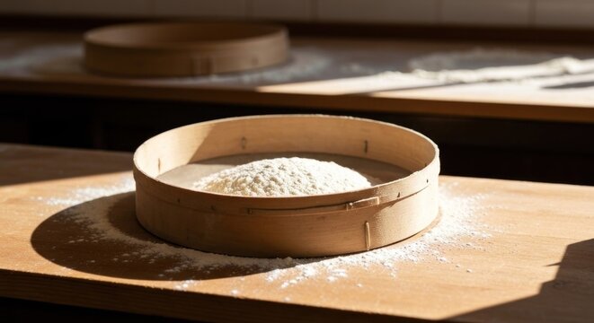 Rustic wooden sieve with flour on a sunlit table, another blurry one in background