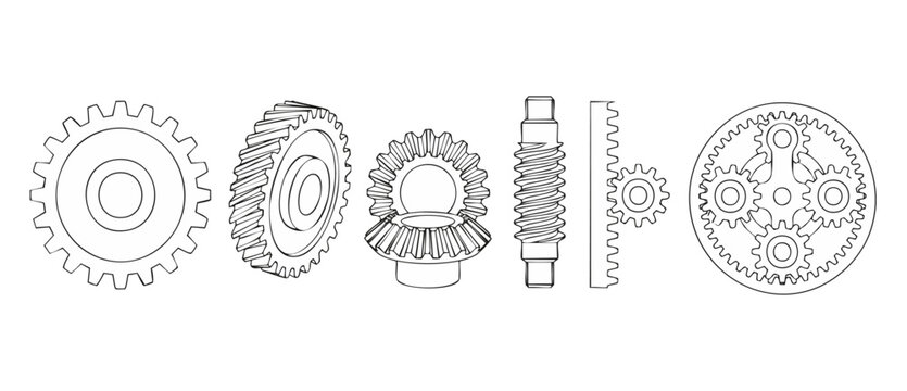 Mechanical Gear Set Collection Technical Outline Icons for Engineering and Industrial Design Blueprint
