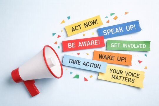 A red and white megaphone emits colorful call-to-action phrases urging people to act, speak, and get involved for awareness and change.