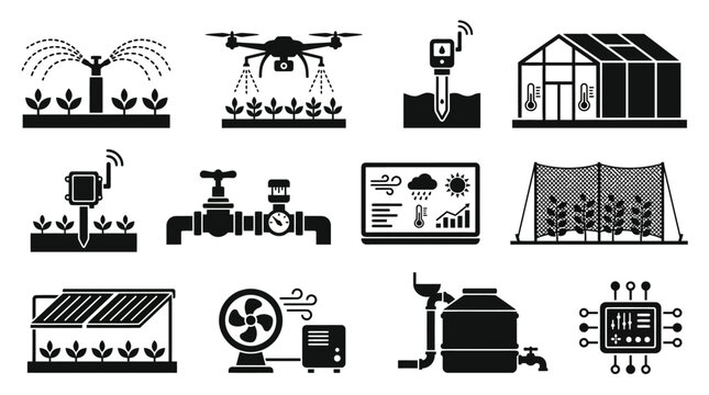  icon set of precision agriculture weather control systems, including automated sprinkler, drone spraying crops, soil moisture probe, climate-controlled greenhouse, crop sensor 