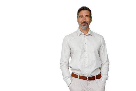 Mature man with confident expression posing, his hands in pockets, on a transparent background