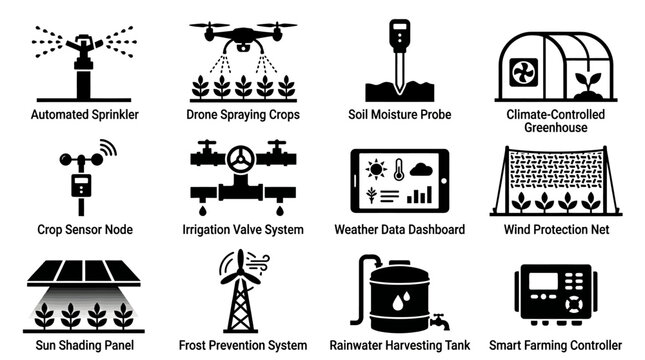  icon set of precision agriculture weather control systems, including automated sprinkler, drone spraying crops, soil moisture probe, climate-controlled greenhouse, crop sensor 