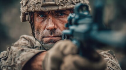 Naklejka premium Intense Close-Up of Determined Soldier Aiming Rifle in Combat, Focused and Ready