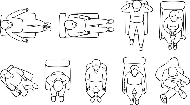 Top view reclining people line art set, overhead seated and relaxed poses collection, minimal outline human posture vector illustration pack