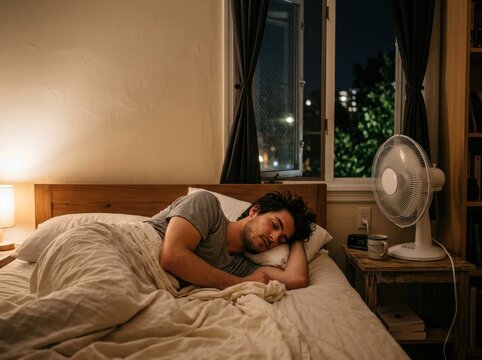 Man sleeping in bed at night with electric fan on bedside table for cooling during hot summer weather time